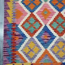 Colourful Runner Rug, Handmade Artisan Afghan Turkish, Scandinavian, Navajo, Bohemian, Flatweave, Natural Wool Kilim Rug 307x83 cm - thumbnail 2