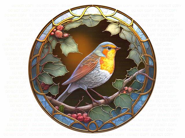 Robin Xmas Wreath Sign, Christmas Robin Faux Stained Glass Plaque - image 1