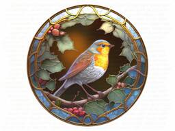 Robin Xmas Wreath Sign, Christmas Robin Faux Stained Glass Plaque - thumbnail 1
