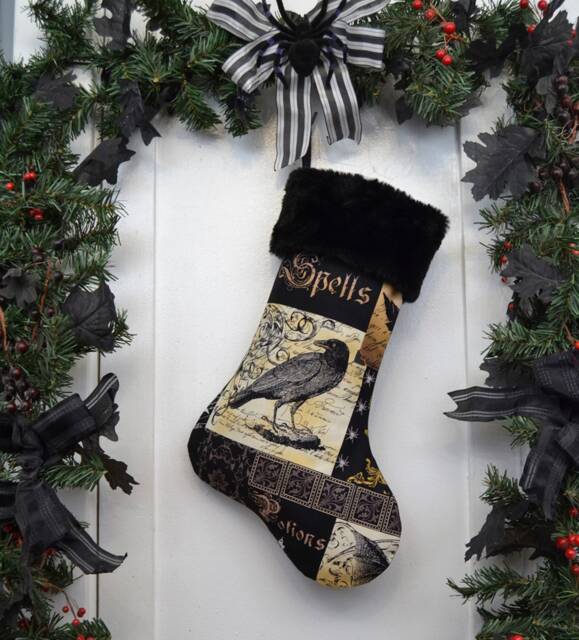 Handmade Gothic Raven Christmas Stocking, Faux Fur, Dark Academia - image 1