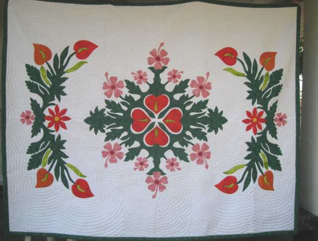 Commissioned Hawaiian Hand Appliqued Cotton Quilt, Anthurium Flower, Custom Queen To California King Quilt Bedspread, Tropical Bedroom Decor - image 1