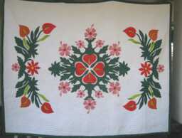 Commissioned Hawaiian Hand Appliqued Cotton Quilt, Anthurium Flower, Custom Queen To California King Quilt Bedspread, Tropical Bedroom Decor - thumbnail 1