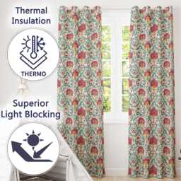Decorative Damask Floral Pattern With Teal & Pink Accents Seamless Readymade Eyelet Ring Top Thermal 100% Blackout Curtains - thumbnail 3