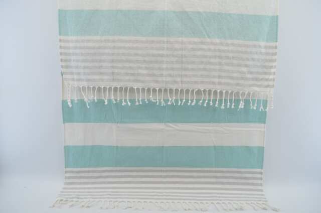 "Terry Peshtemal, Mint Green & Gray Striped Towel, 40""x65" - image 1