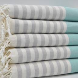 "Terry Peshtemal, Mint Green & Gray Striped Towel, 40""x65" - thumbnail 3