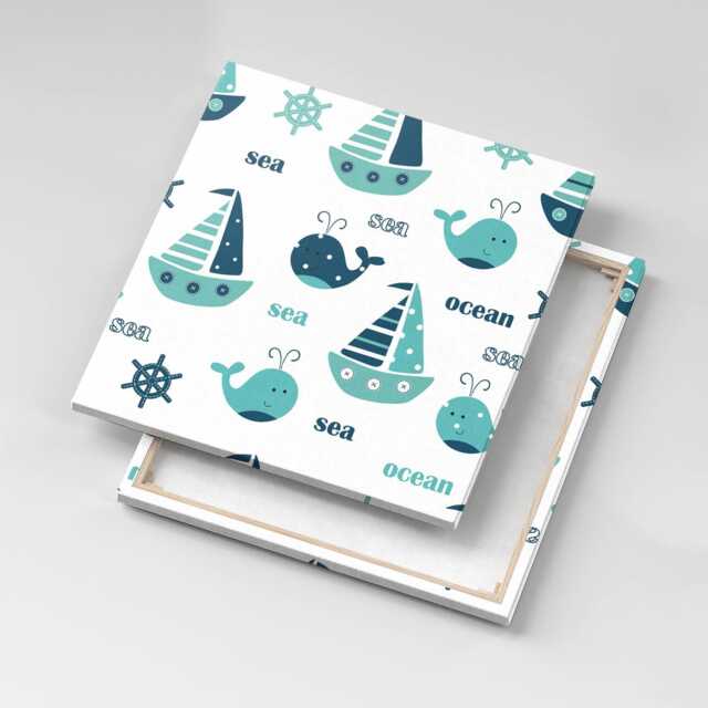 Lovely Whales & Sailing Ships Canvas, Wall Art Picture, Blue Decoration, Kids Canvas - image 1
