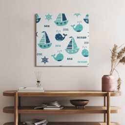Lovely Whales & Sailing Ships Canvas, Wall Art Picture, Blue Decoration, Kids Canvas - thumbnail 3