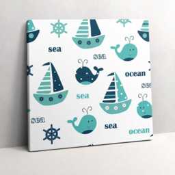 Lovely Whales & Sailing Ships Canvas, Wall Art Picture, Blue Decoration, Kids Canvas - thumbnail 2