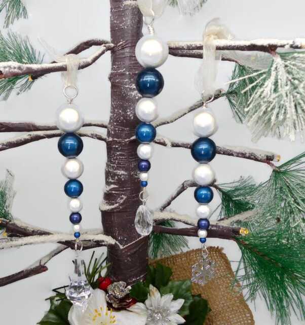 Navy Blue & White Beaded Icicle Christmas Tree Decorations, Unique Iridescent Miracle Bead Hanging Ornament - image 1