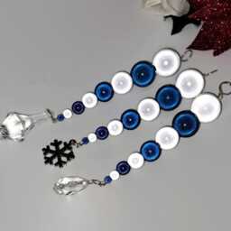Navy Blue & White Beaded Icicle Christmas Tree Decorations, Unique Iridescent Miracle Bead Hanging Ornament - thumbnail 3