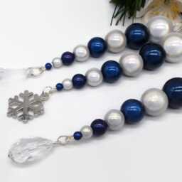 Navy Blue & White Beaded Icicle Christmas Tree Decorations, Unique Iridescent Miracle Bead Hanging Ornament - thumbnail 2