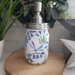 Gisela Graham Inspired Bluebell & Dragonfly Decoupaged Soap Dispenser. Mason Jar