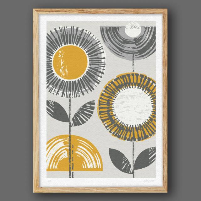 Retro Flower Print, Mid Century Modern, Abstract Flowers, Ochre Wall Art, Modern Print, Mustard & Grey, A4 A3, Unframed - image 1