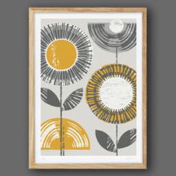 Retro Flower Print, Mid Century Modern, Abstract Flowers, Ochre Wall Art, Modern Print, Mustard & Grey, A4 A3, Unframed - thumbnail 1