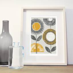 Retro Flower Print, Mid Century Modern, Abstract Flowers, Ochre Wall Art, Modern Print, Mustard & Grey, A4 A3, Unframed - thumbnail 3