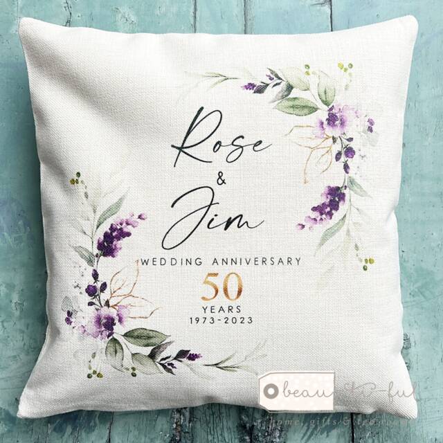 Personalised Wedding Anniversary 25Th 50Th 1St 40Th 10Th Home Purple Lavender Floral Eucalyptus Design Quote Linen Style Cushion Cover