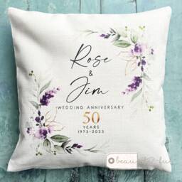 Personalised Wedding Anniversary 25Th 50Th 1St 40Th 10Th Home Purple Lavender Floral Eucalyptus Design Quote Linen Style Cushion Cover