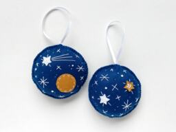 Embroidered Blue Felt Ornament Set With Planet & Stars, Christmas Tree Ornaments, Holiday Decoration - thumbnail 1
