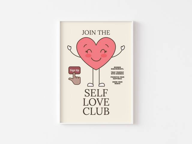 Self Love Club Heart Character Print - Retro Mascot Print, Funky Love, Cute Heart, Aesthetic, Positive Affirmation - image 1