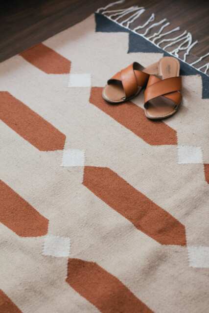 Geometric Flatwoven Kilim Area Rug Runner - Simple Minimalist Low Pile Rugs Burnt Orange Living Dining Room Decor Wool 5x8 8x10 9x12 - image 1