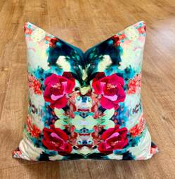 Red Rose Velvet & Teal Harris Tweed Cushion 18