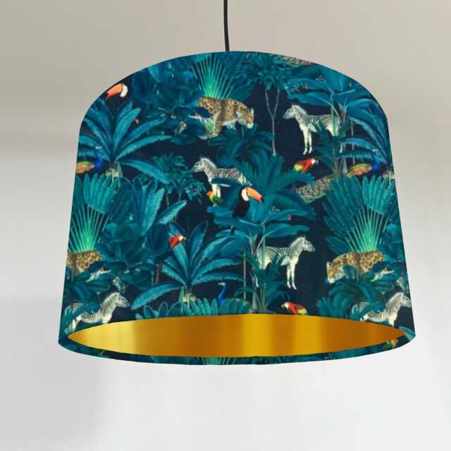 Tropical Jungle Velvet, Drum Lampshade /Ceiling Shade, in Black, With A Metallic Brushed Gold Lining - image 1