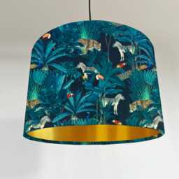 Tropical Jungle Velvet, Drum Lampshade /Ceiling Shade, in Black, With A Metallic Brushed Gold Lining