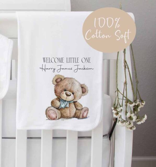 Teddy Bear, Birth Details , Baby Blanket New Born Gift, Present, Shower New Mum Personalised, Keepsake