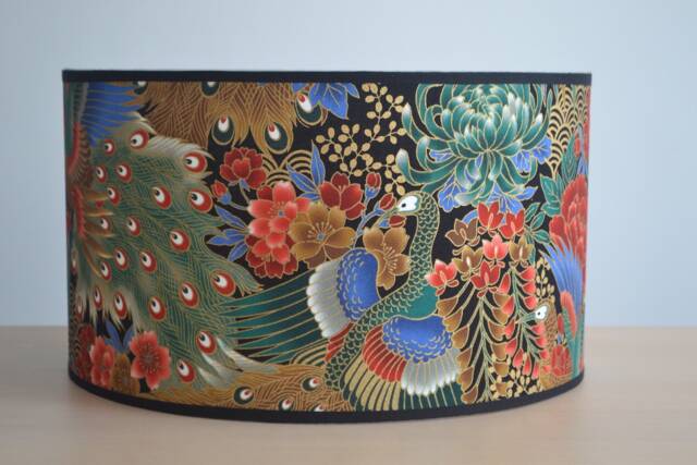 Round Lampshade in Japanese Fabric With Peacock Motif, Table Lamp Bird & Floor Lamp, Lighting - image 1