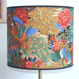Round Lampshade in Japanese Fabric With Peacock Motif, Table Lamp Bird & Floor Lamp, Lighting - thumbnail 2