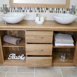 Solid Oak Bathroom Vanity Unit Cabinet Marble Travertine Bowl Basin Tap Plug 02Asbcx2 - thumbnail 3