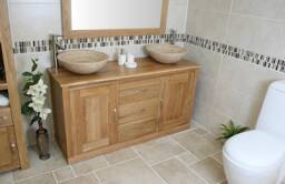 Solid Oak Bathroom Vanity Unit Cabinet Marble Travertine Bowl Basin Tap Plug 02Asbcx2