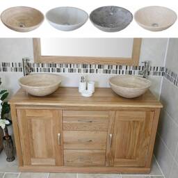 Solid Oak Bathroom Vanity Unit Cabinet Marble Travertine Bowl Basin Tap Plug 02Asbcx2 - thumbnail 2