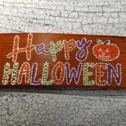 Happy Halloween Pumpkin Dot Art Sign // Wood Painting Home Decor Fall Wall Unique Gifts - thumbnail 2