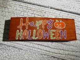 Happy Halloween Pumpkin Dot Art Sign // Wood Painting Home Decor Fall Wall Unique Gifts - thumbnail 1