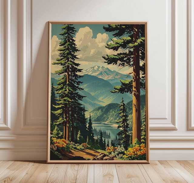Mountain Forest Wall Art, Nature Landscape Poster Print, Wilderness Hiking Artwork, Rustic Cabin Decor, Scenic National Park Print - image 1