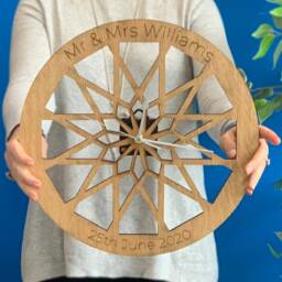 Personalised Geometric Oak Clock - Couples Newly Weds Anniversary Rustic Wooden Farmhouse Cottage Wall Wedding Gift - thumbnail 2