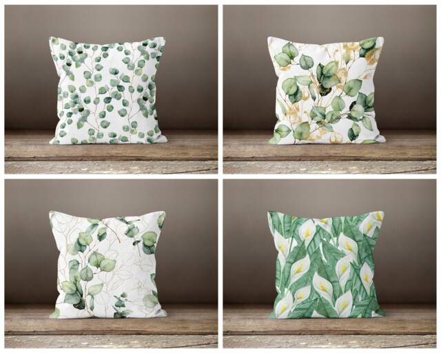 Eucalyptus Cushion Cover-Green Flower Pillow Case-Modern Leaves Cushion-Garden Throw Cover-Gift For Her Cushion-Handmade Material - image 1