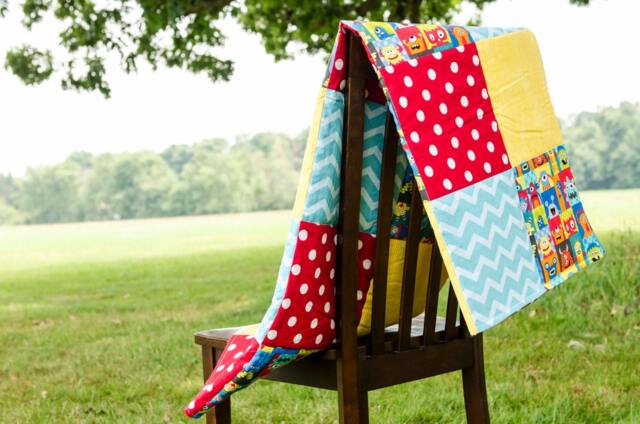 Baby Boy Quilt, Primary Color Quilt, Monsters Boy Bedding, Baby Shower Gift, Unique Red Bright Nursery - image 1