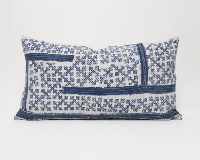Hmong Indigo Batik Pillow, Rustic Hill Tribe Cushion - 24x13 - image 1