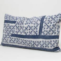 Hmong Indigo Batik Pillow, Rustic Hill Tribe Cushion - 24x13 - thumbnail 2