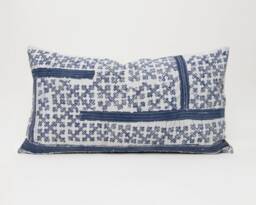 Hmong Indigo Batik Pillow, Rustic Hill Tribe Cushion - 24x13 - thumbnail 1