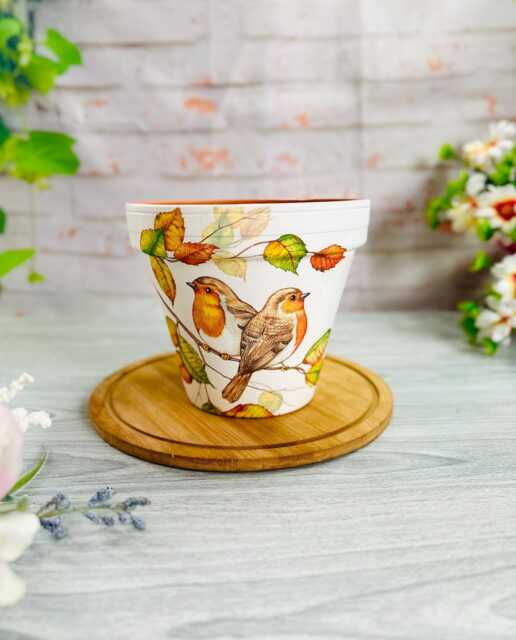 Decoupage Robin Plant Pot, Hand-Painted Flower Vase - image 1