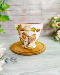 Decoupage Robin Plant Pot, Hand-Painted Flower Vase - thumbnail 1