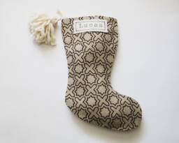 Brown Linen Christmas Stocking, Moroccan Star Stockings, Modern Indian Block Printed Stocking Neutral, Bohemian Holiday D??cor