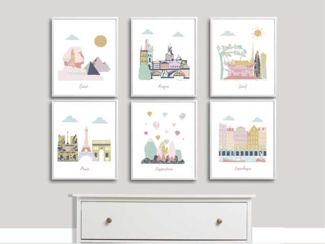 Travel Theme Nursery Art Pastel Colors City Prints - Set Of 6 - image 1