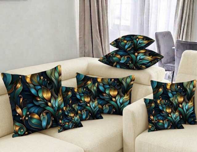Handmade By Order Peacock Teal Blue Digital Flower Leaves Plant Pattern On Velvet Cushions Covers Only All Sizes Available Demand - image 1