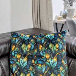 Handmade By Order Peacock Teal Blue Digital Flower Leaves Plant Pattern On Velvet Cushions Covers Only All Sizes Available Demand - thumbnail 2