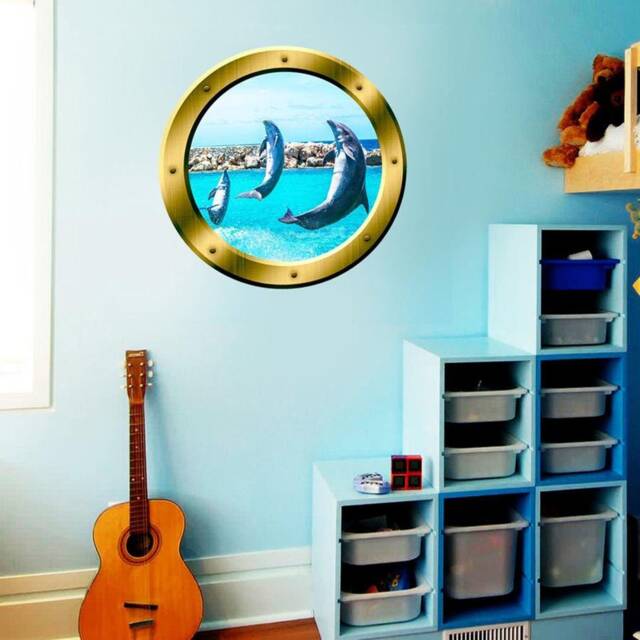 Jumping Dolphins Window Porthole Wall Decal Ocean Scene - Vwaq Gp26 - image 1