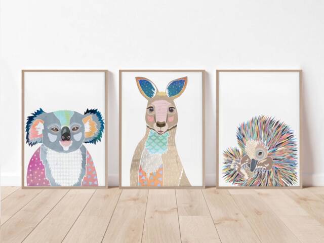 Set Of 3 Prints, Australian Native Print Set, Animal Print, Koala Kangaroo Echidna Wall Decor, Set - image 1